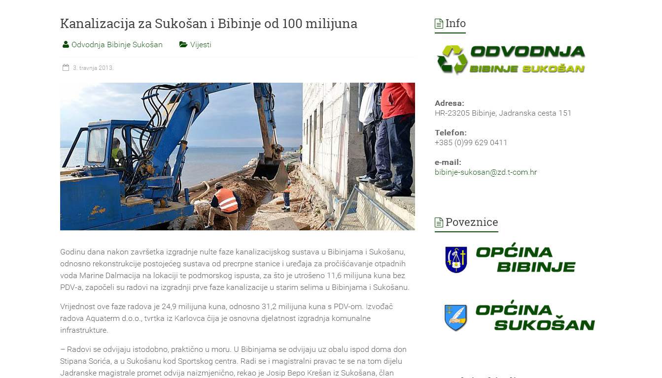 Detalj objavljenog članka na web stranicama tvrtke Odvodnja Bibinje Sukošan